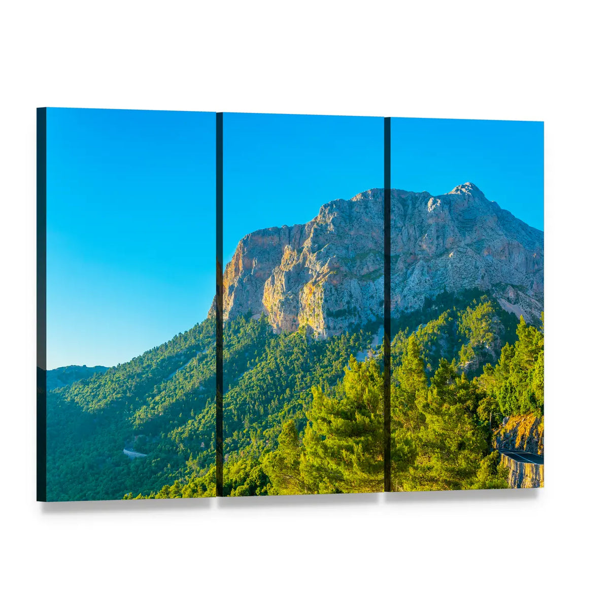 Winding Mountain Road Landscape Canvas Wall Art, 3 panel 3 Horizontal layout gallery wrapped canvas set, angled product view