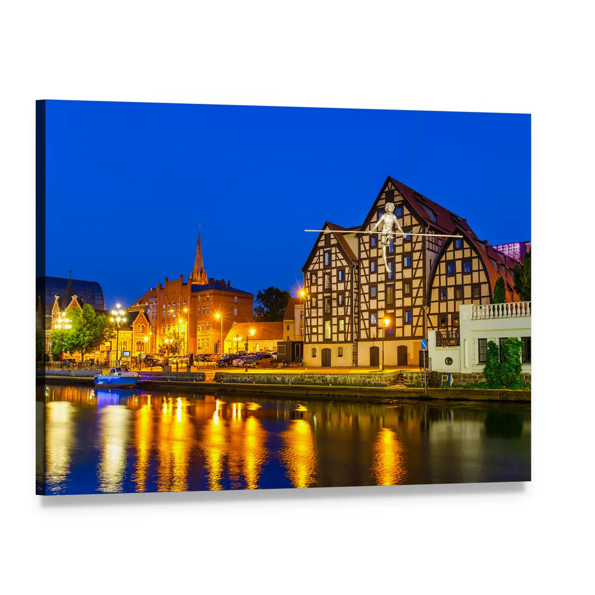 River Brda at Night with Granaries Canvas Wall Art, single panel gallery wrapped canvas, angled product view