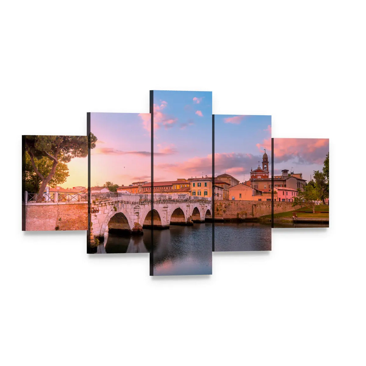Arched Bridge Reflecting at Sunset Canvas Wall Art, 5 panel 5 Star layout gallery wrapped canvas set, angled product view