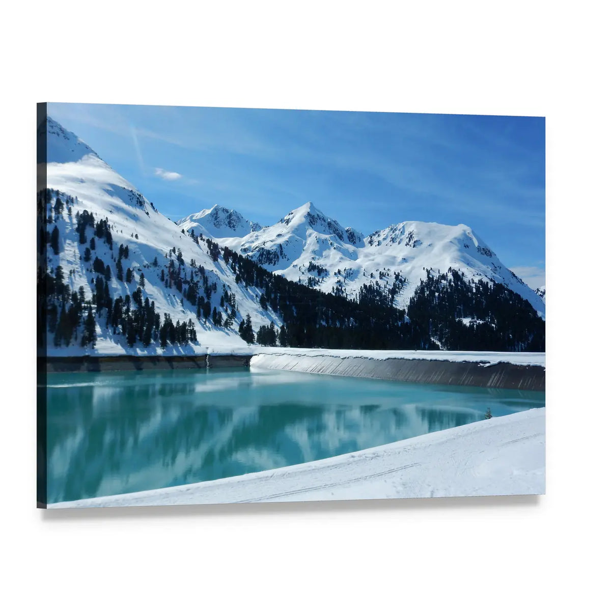 Kuhtai Dam Reservoir with Snowy Mountains Canvas Wall Art, single panel gallery wrapped canvas, angled product view