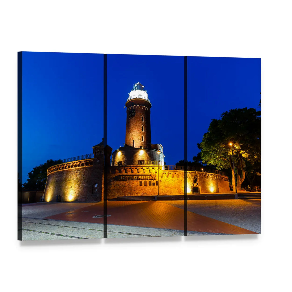 Kolobrzeg Lighthouse at Night Canvas Wall Art, 3 panel 3 Horizontal layout gallery wrapped canvas set, angled product view