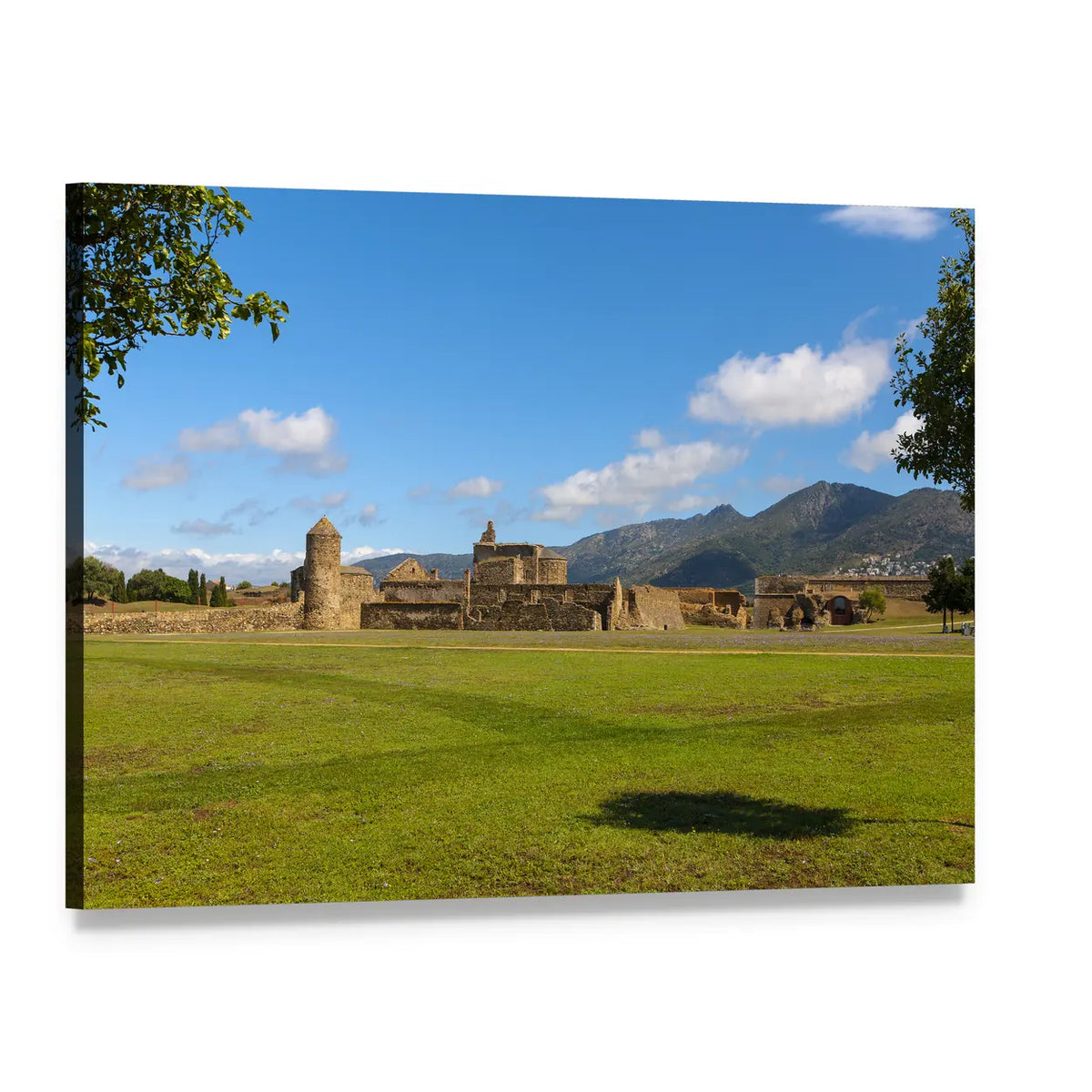 Medieval Fortress Ruins Over Grassy Field Canvas Wall Art, single panel gallery wrapped canvas, angled product view