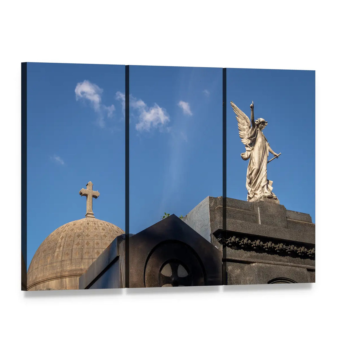 Recoleta Cemetery Angel Statue Canvas Wall Art, 3 panel 3 Horizontal layout gallery wrapped canvas set, angled product view