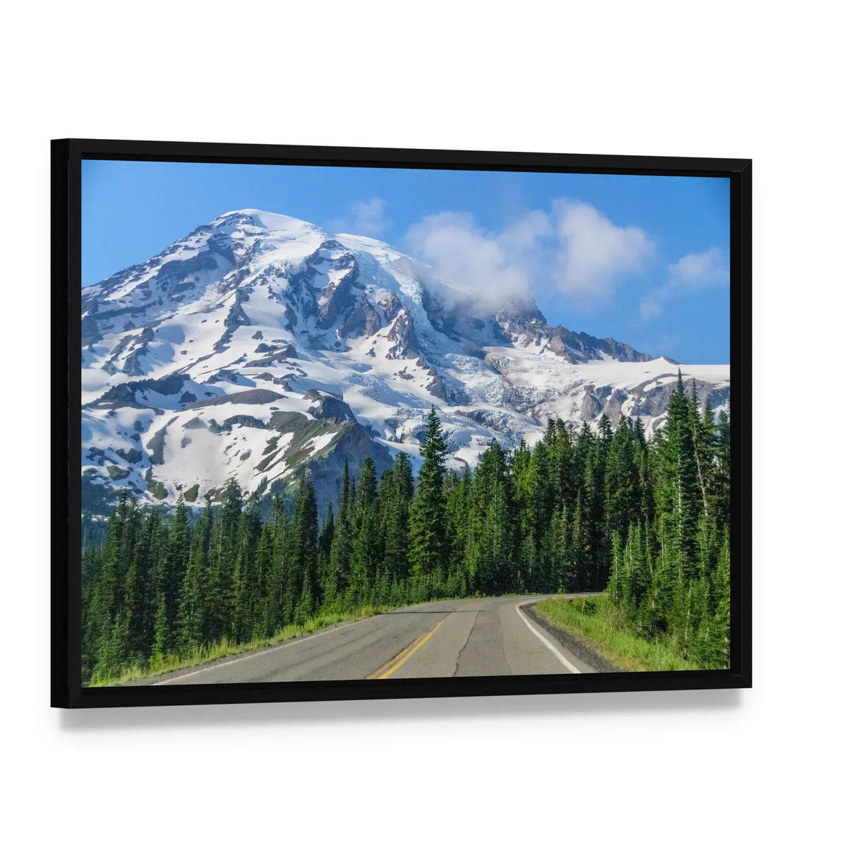 Mount Rainier Road Landscape Canvas Wall Art, framed canvas in a black floater frame, angled product view