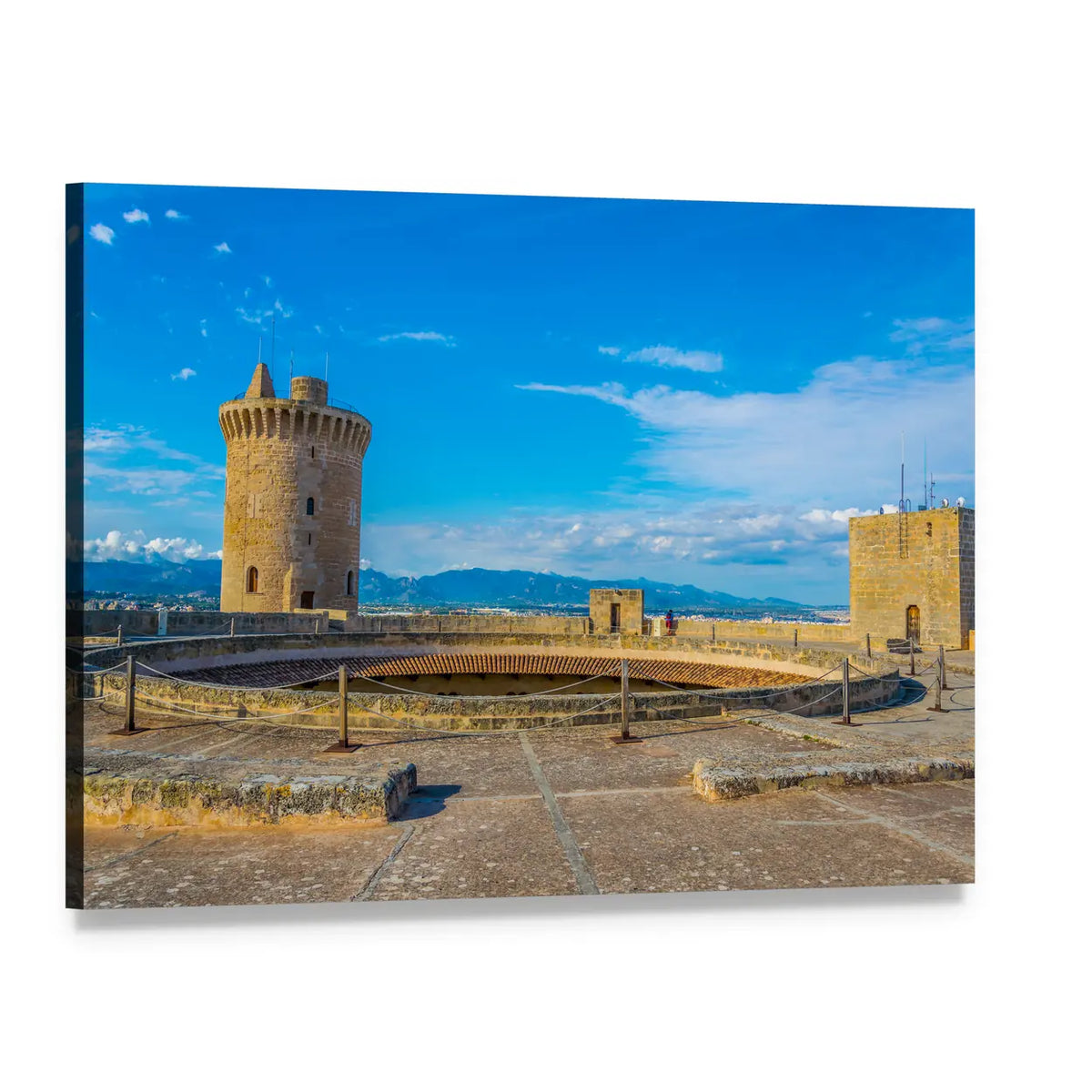 Bellver Castle Stone Fortress Over Mountains Canvas Wall Art, single panel gallery wrapped canvas, angled product view