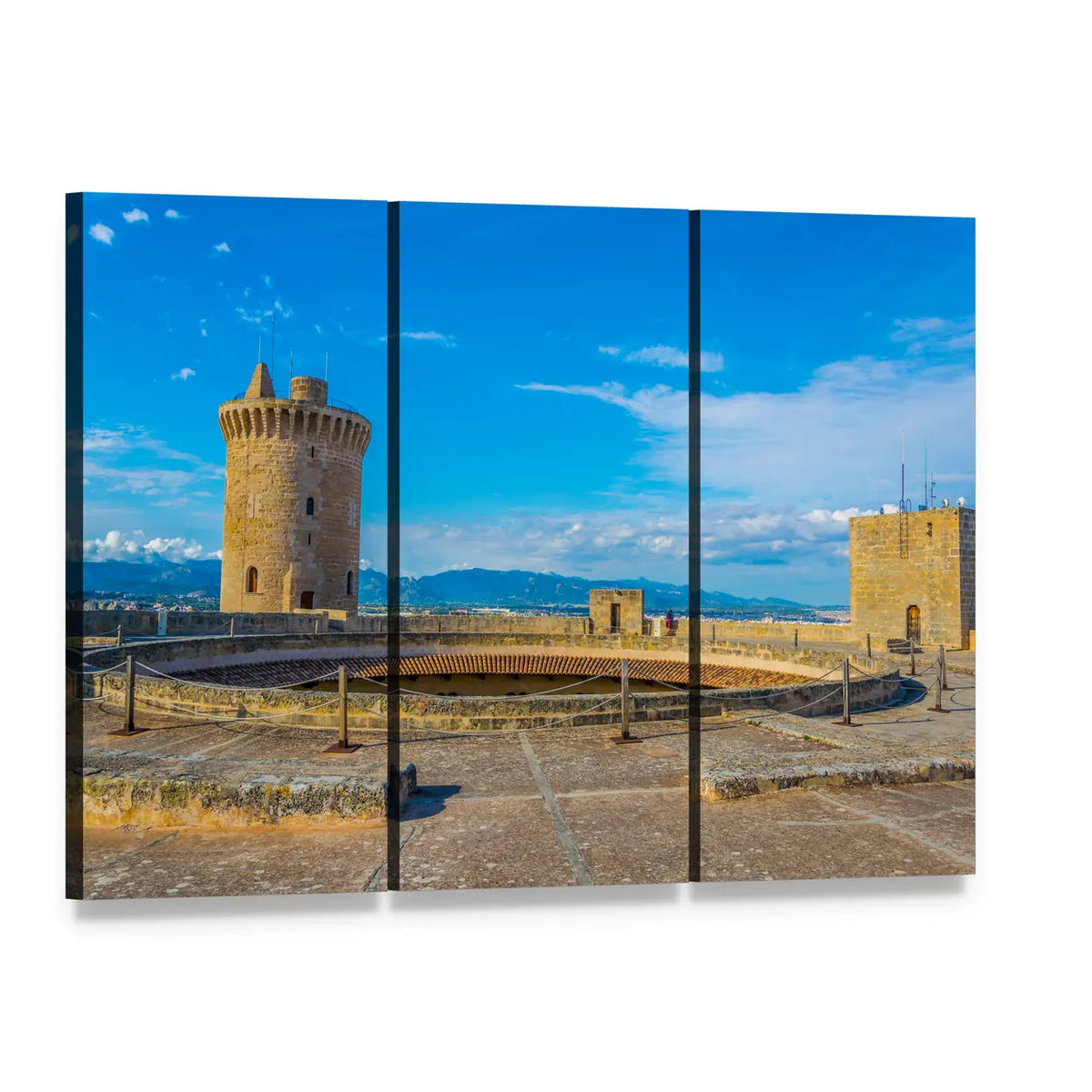 Bellver Castle Under Blue Sky Canvas Wall Art, 3 panel 3 Horizontal layout gallery wrapped canvas set, angled product view