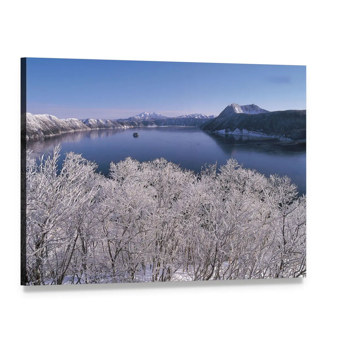Winter Lake with Snow-covered Trees and Mountains Canvas Wall Art, single panel gallery wrapped canvas, angled product view
