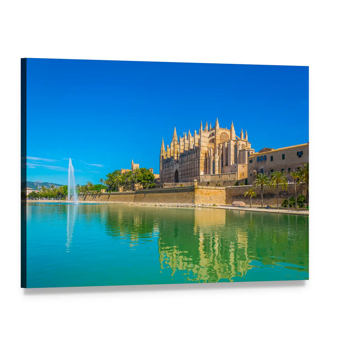 Catedral De Mallorca Waterfront Reflection Canvas Wall Art, single panel gallery wrapped canvas, angled product view