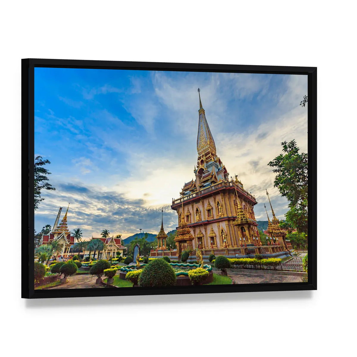 Chalong Temple with Golden Spire Canvas Wall Art, framed canvas in a black floater frame, angled product view