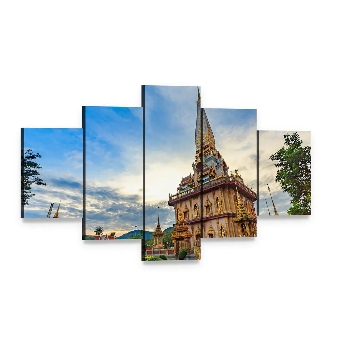 Chalong Temple with Golden Spire Canvas Wall Art, 5 panel 5 Star layout gallery wrapped canvas set, angled product view