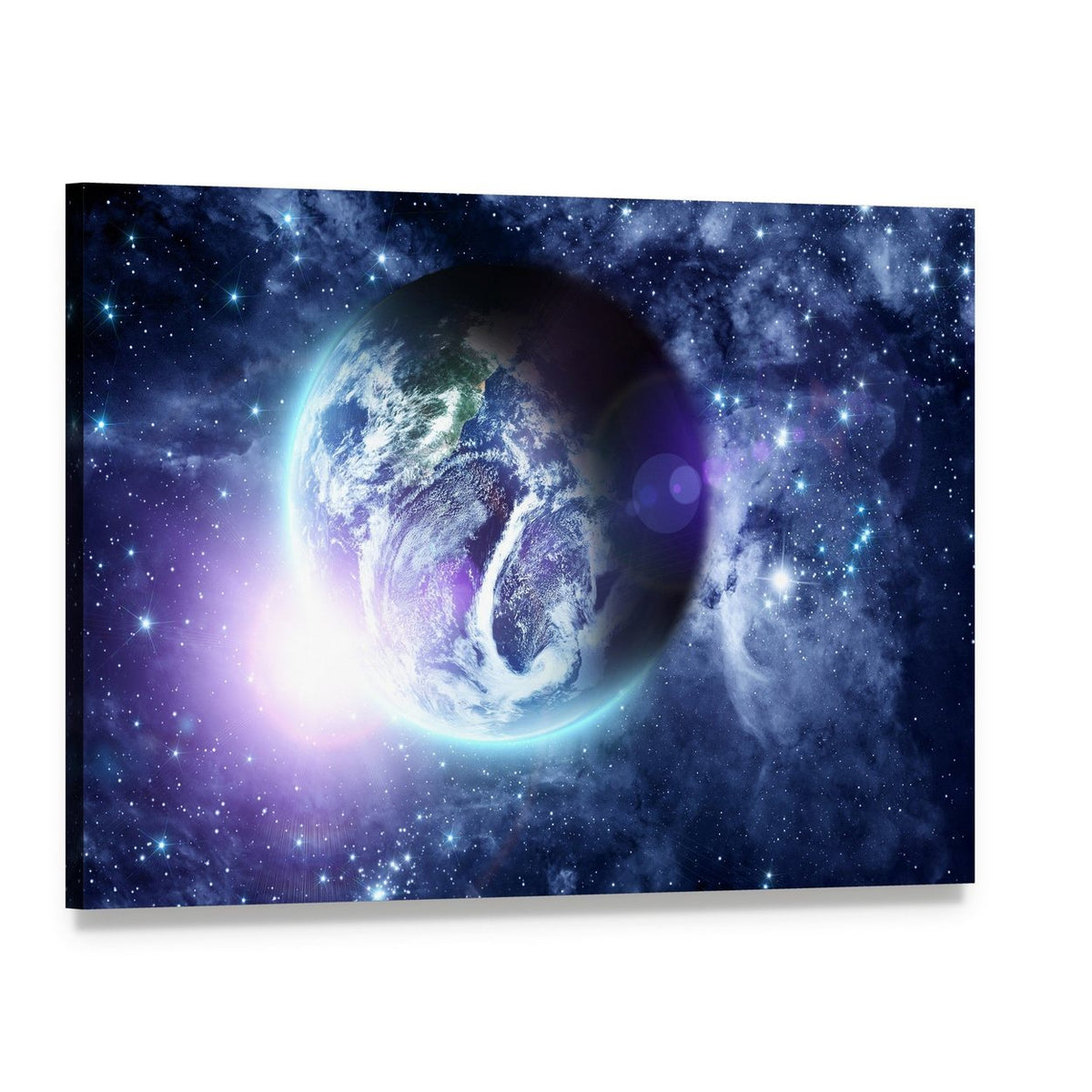 Sunrise on Blue Planet Earth in Deep Space Canvas Wall Art, single panel gallery wrapped canvas, angled product view