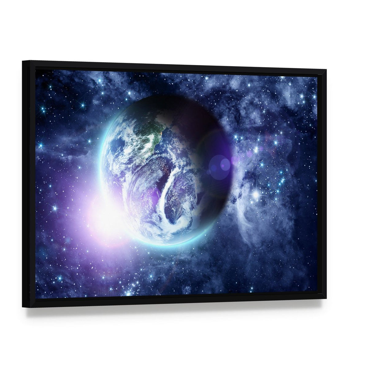 Sunrise on Blue Planet Earth in Deep Space Canvas Wall Art, framed canvas in a black floater frame, angled product view