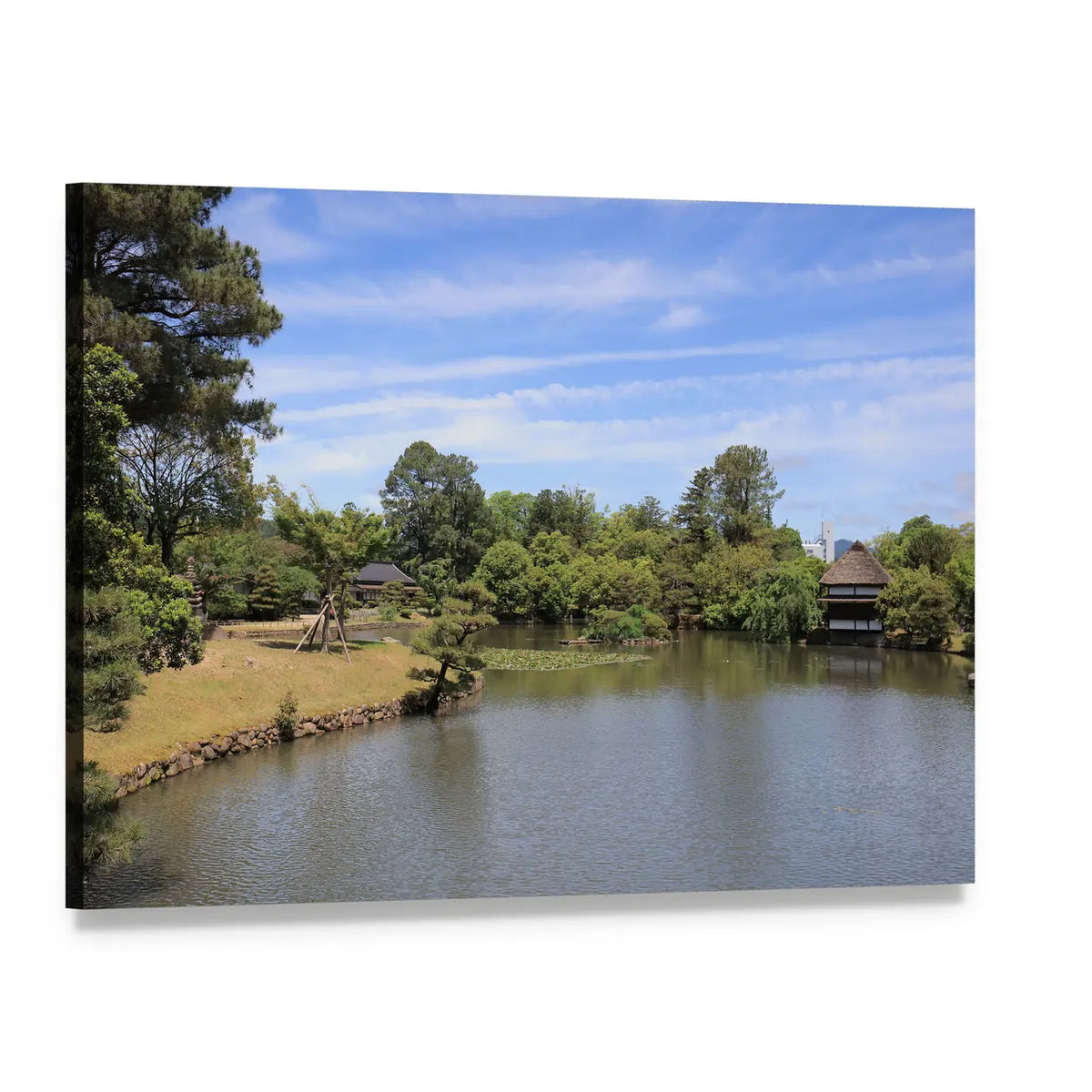 Japanese Garden with Pond and Thatched Roof Canvas Wall Art, single panel gallery wrapped canvas, angled product view