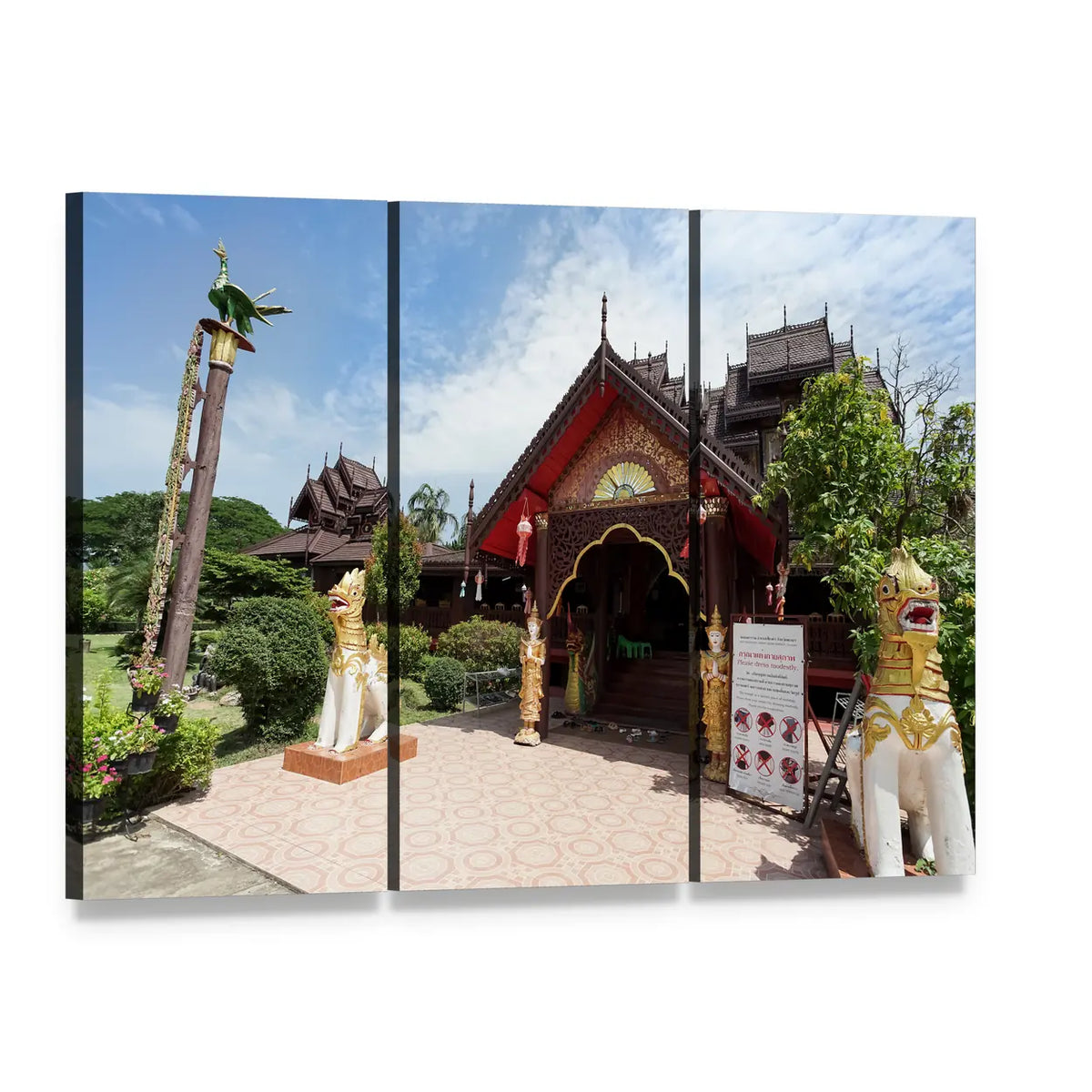 Nantaram Temple with Lion Statues Canvas Wall Art, 3 panel 3 Horizontal layout gallery wrapped canvas set, angled product view