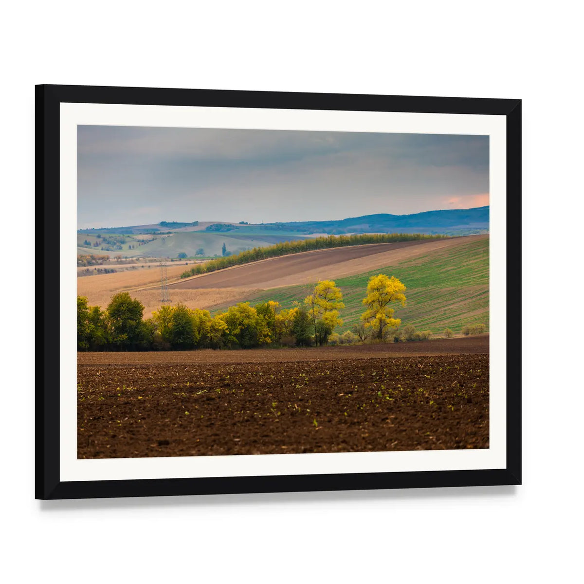 Farm Landscape with Plowed Field Canvas Wall Art, framed print with white mat and black frame, angled product view