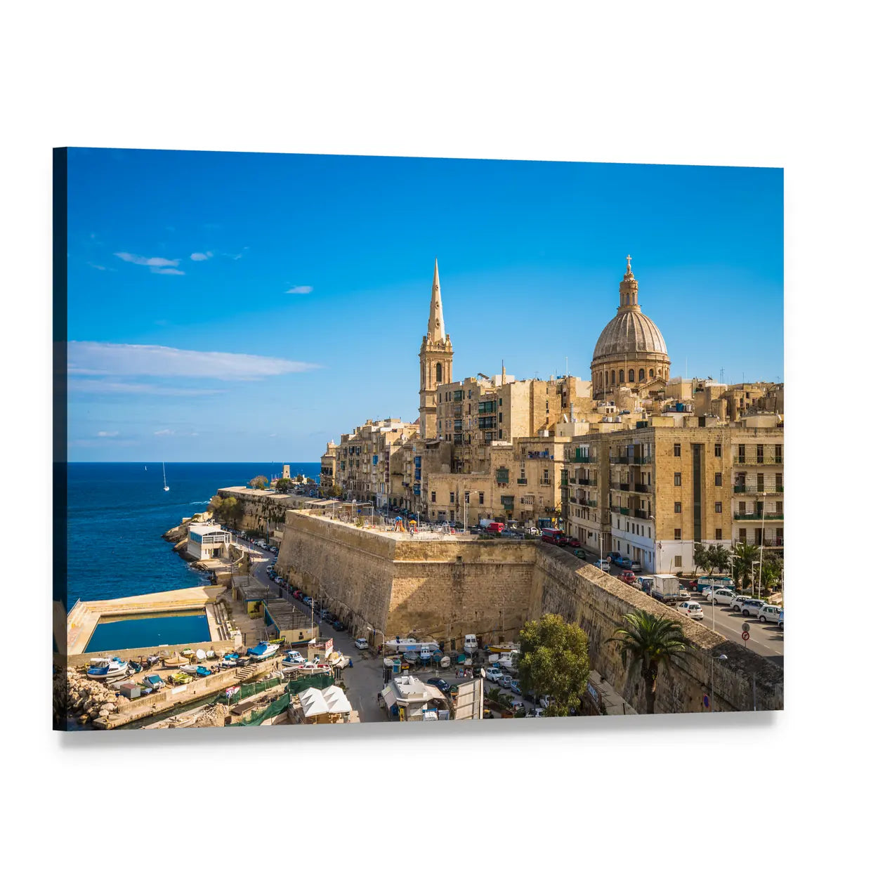Valletta Harbor and Historic Skyline Canvas Wall Art, single panel gallery wrapped canvas, angled product view