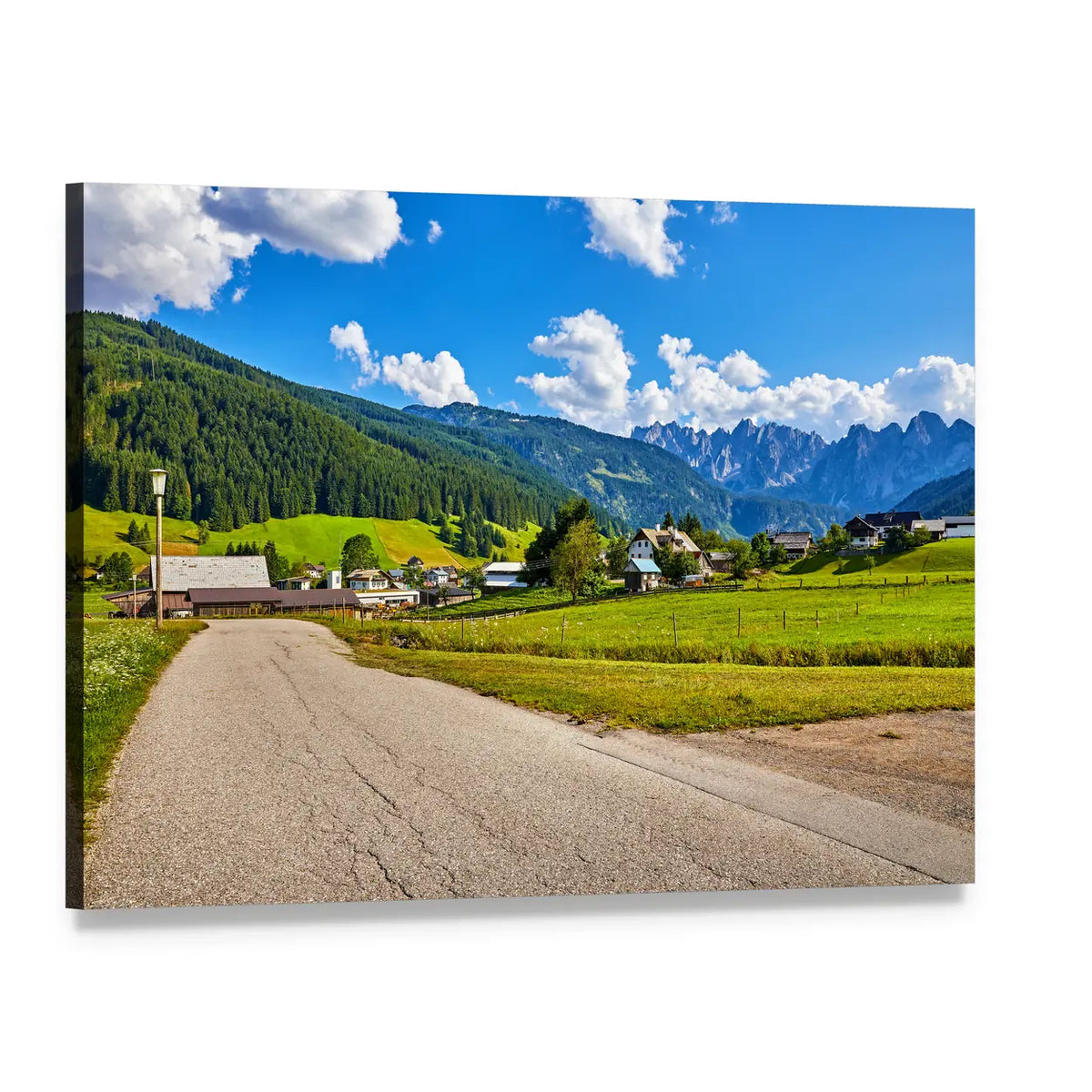 Austria Country Road Through Mountain Village Canvas Wall Art, single panel gallery wrapped canvas, angled product view