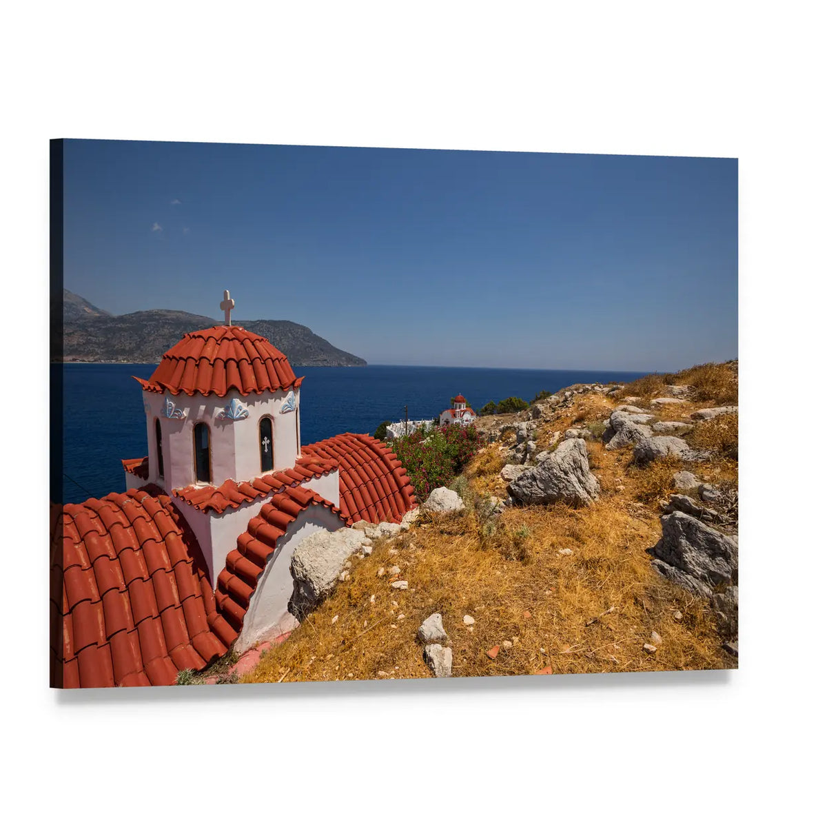 Red-domed Church on Karpathos Island Canvas Wall Art, single panel gallery wrapped canvas, angled product view