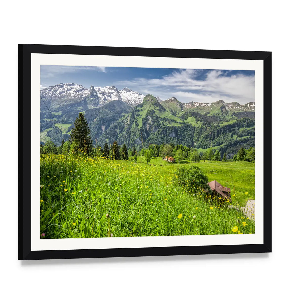 Swiss Alps Panorama Canvas Wall Art, framed print with white mat and black frame, angled product view