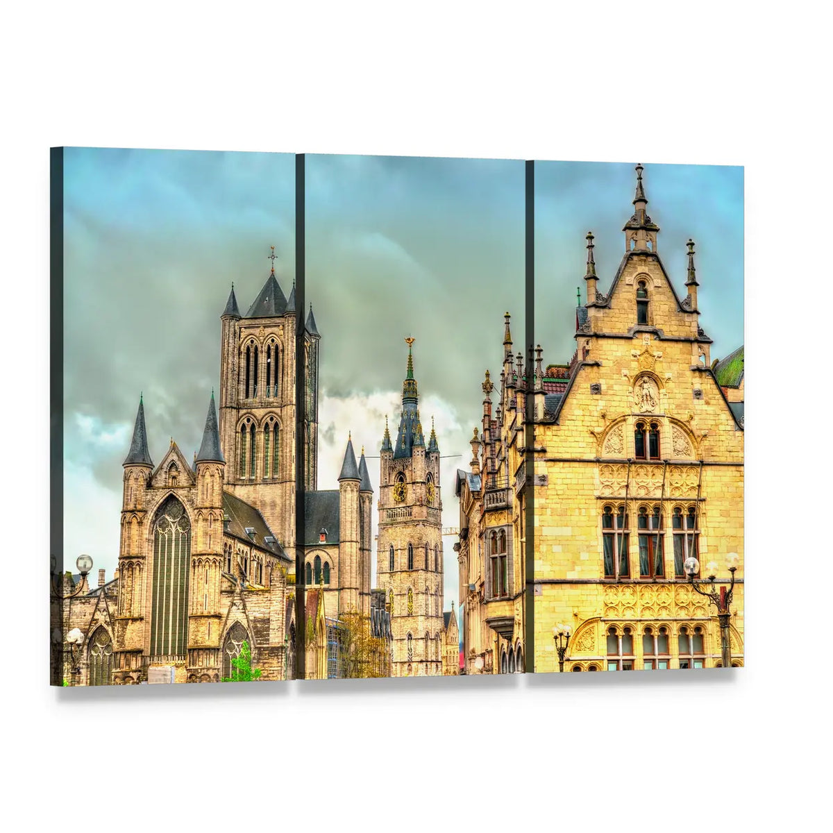 St Nicholas Church, Ghent Canvas Wall Art, 3 panel 3 Horizontal layout gallery wrapped canvas set, angled product view