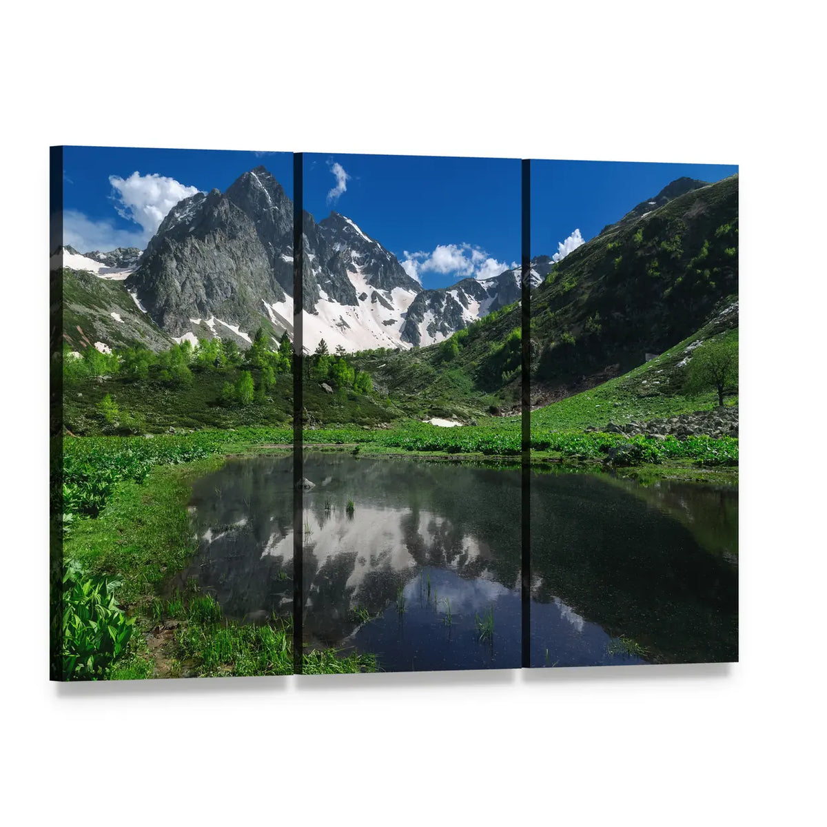 Snow Mountain Reflection Canvas Wall Art, 3 panel 3 Horizontal layout gallery wrapped canvas set, angled product view