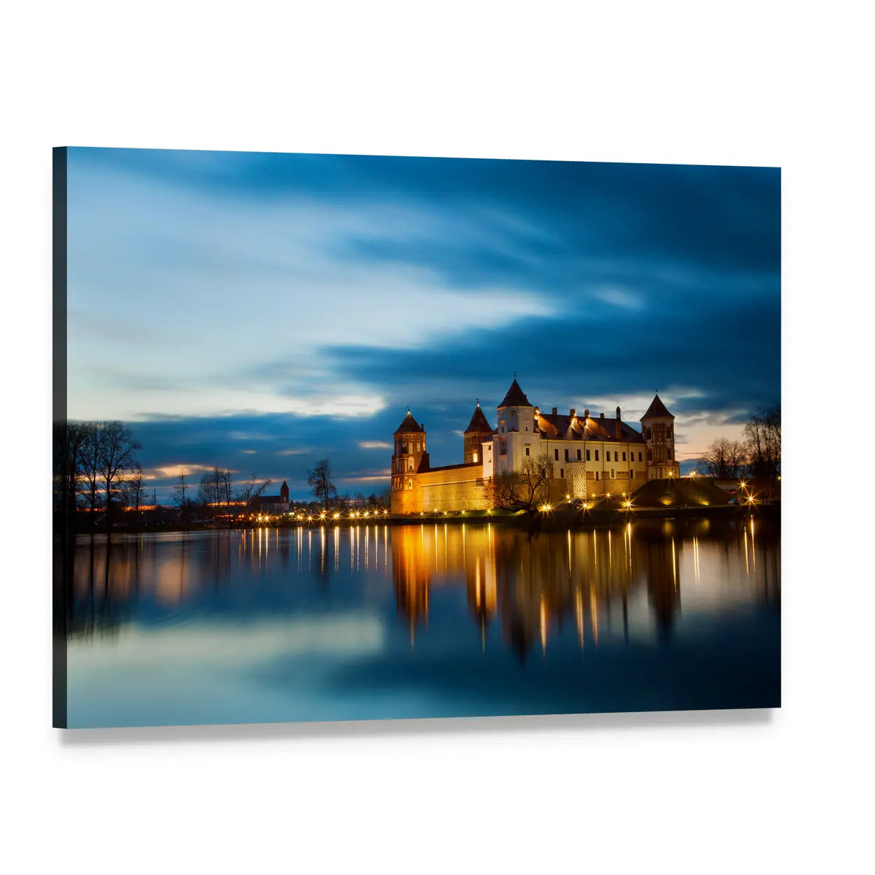 Illuminated Medieval Castle Reflection Canvas Wall Art, single panel gallery wrapped canvas, angled product view