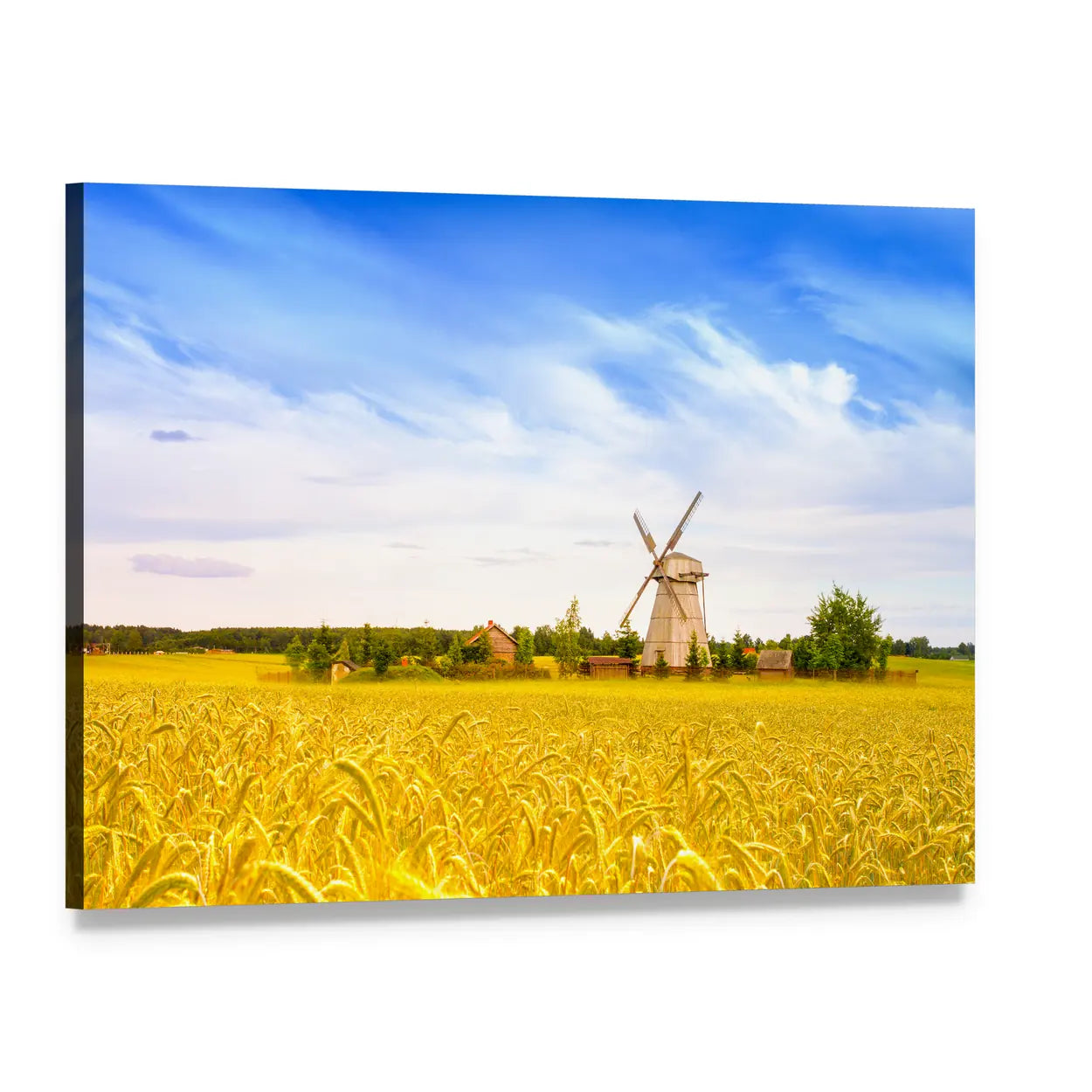 Wooden Windmill in Wheat Field Canvas Wall Art, single panel gallery wrapped canvas, angled product view