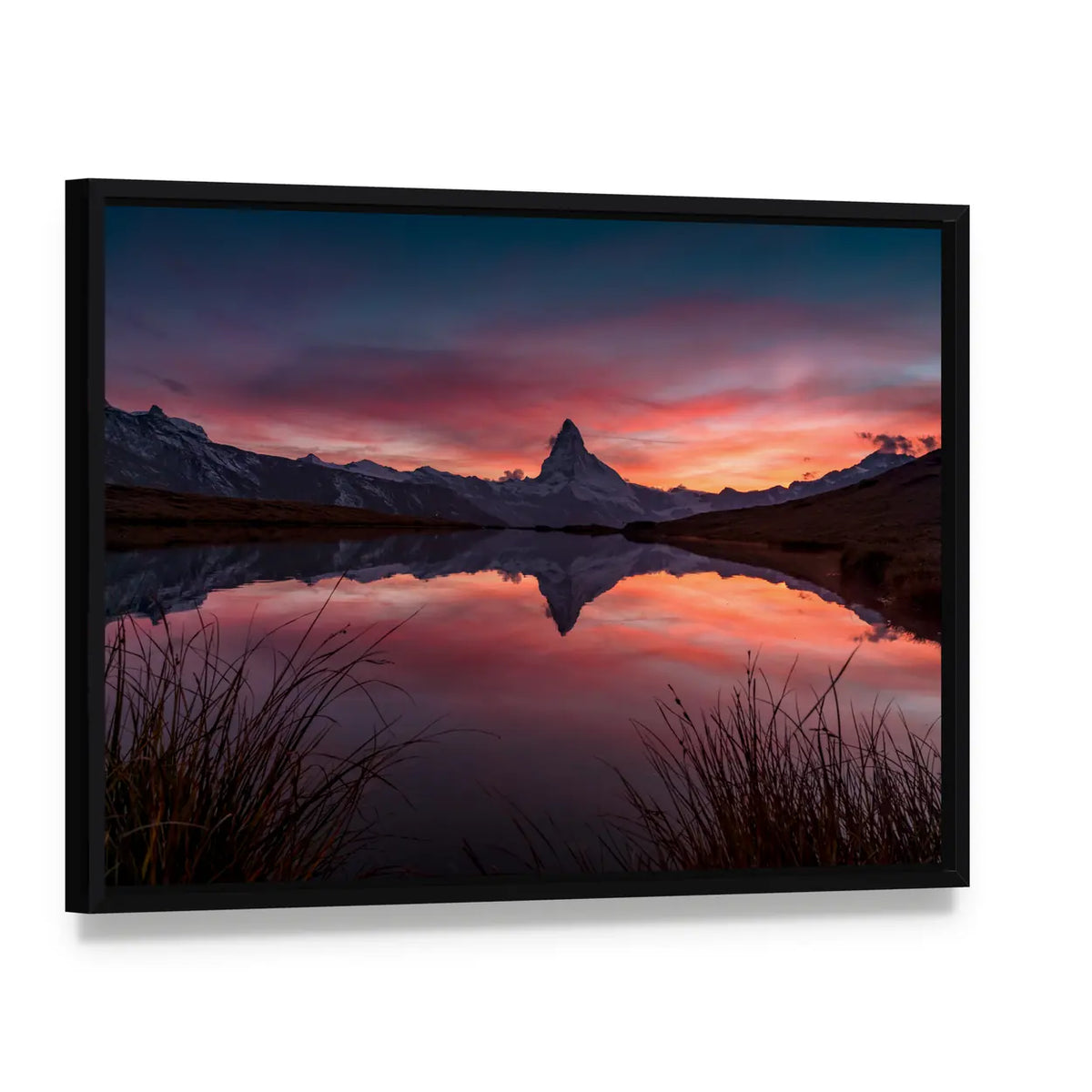 Matterhorn Reflection in Stelli Lake Canvas Wall Art, framed canvas in a black floater frame, angled product view