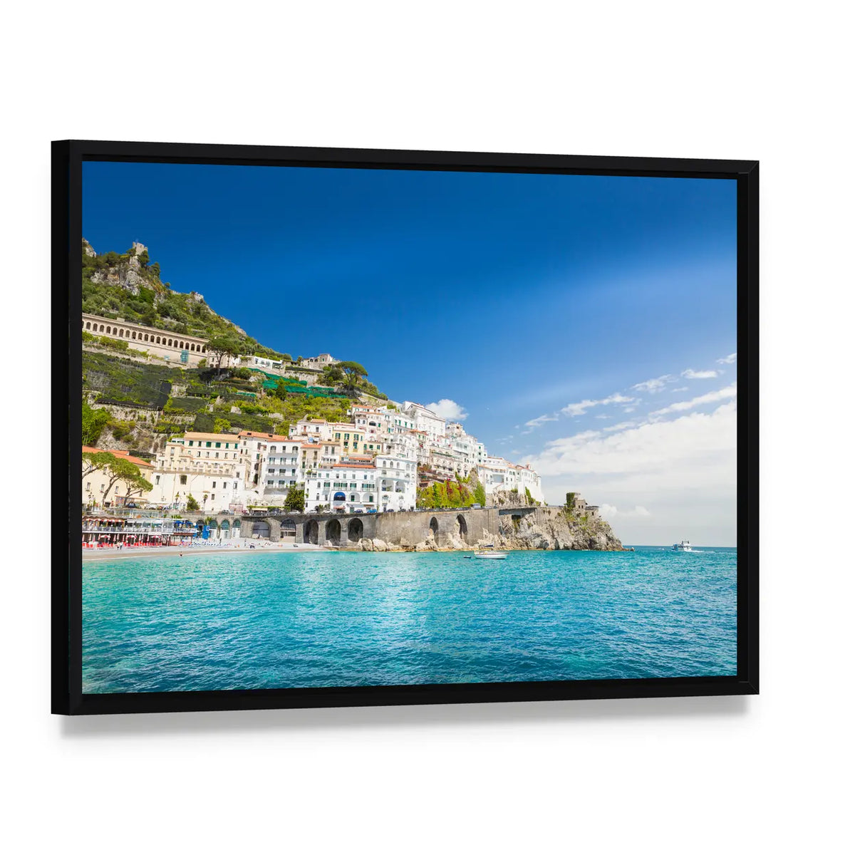 Amalfi Coast Cityscape Canvas Wall Art, framed canvas in a black floater frame, angled product view