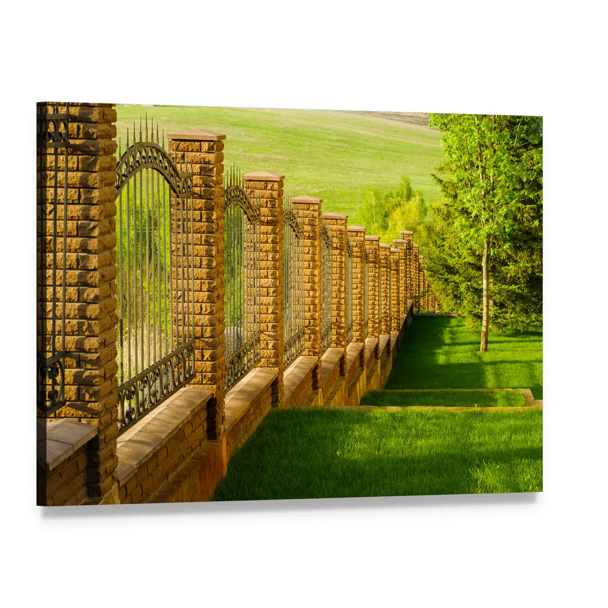 Wrought Iron Gate with Brick Posts Canvas Wall Art, single panel gallery wrapped canvas, angled product view