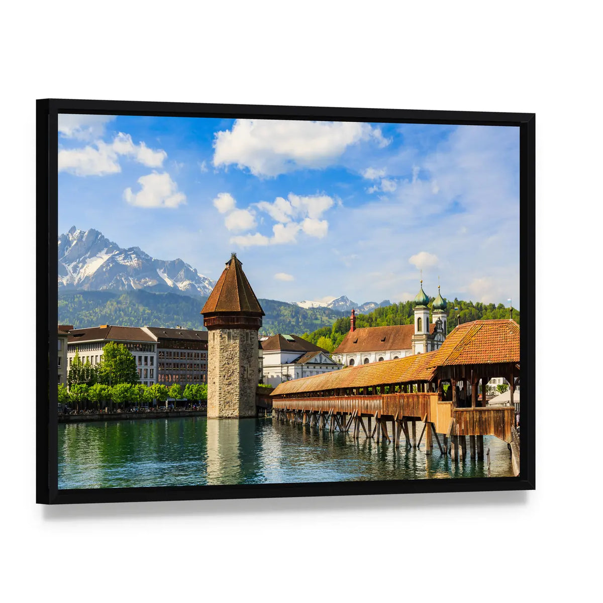 Chapel Bridge Over the Reuss River Canvas Wall Art, framed canvas in a black floater frame, angled product view