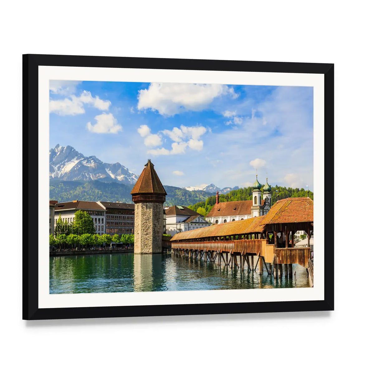 Chapel Bridge Over the Reuss River Canvas Wall Art, framed print with white mat and black frame, angled product view