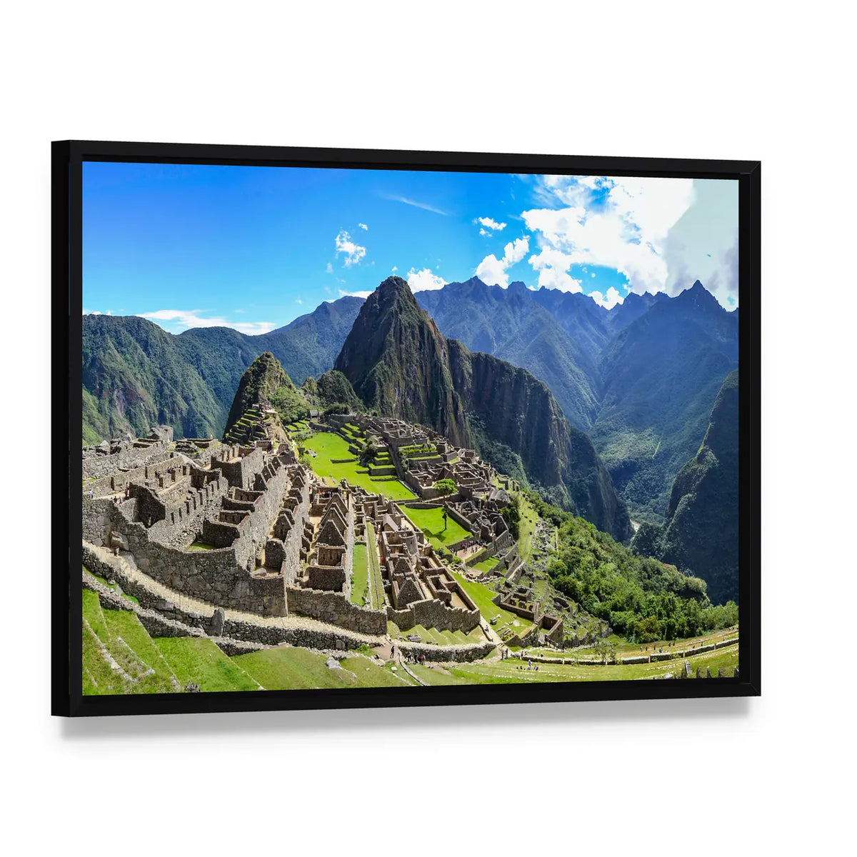 Machu Picchu Ancient Ruins Canvas Wall Art, framed canvas in a black floater frame, angled product view