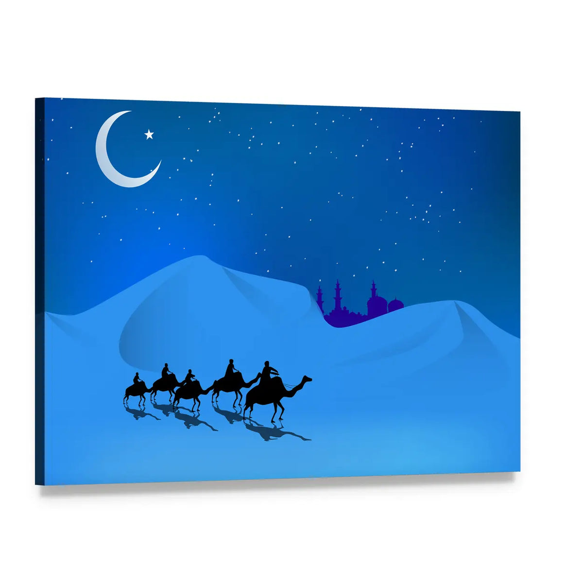Camel Caravan Under Crescent Moon Canvas Wall Art, single panel gallery wrapped canvas, angled product view