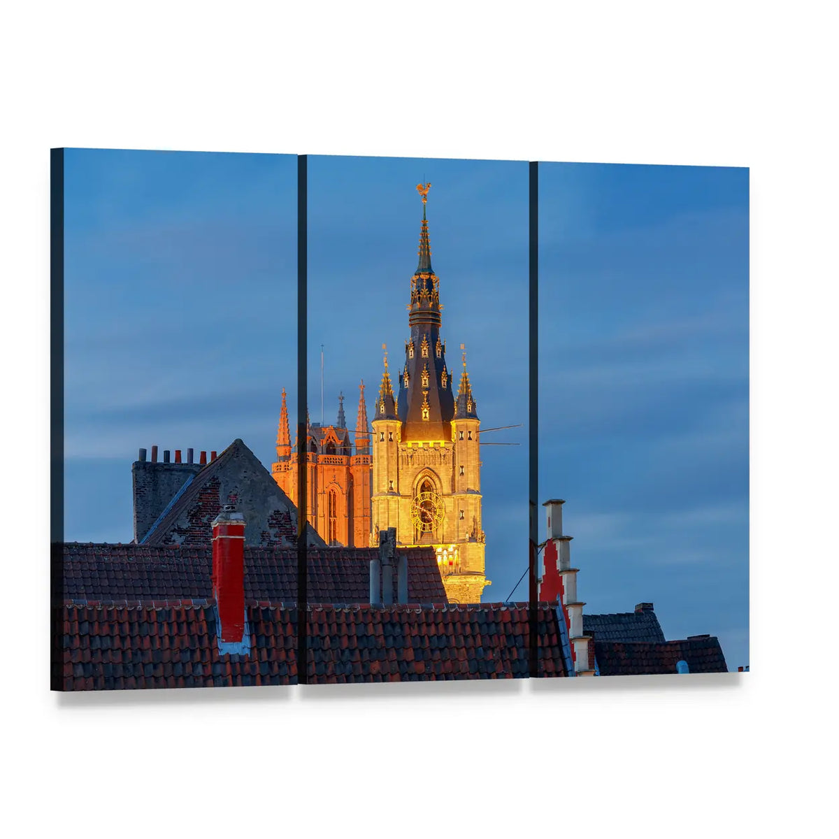 Gothic Cathedral Tower at Golden Dusk Canvas Wall Art, 3 panel 3 Horizontal layout gallery wrapped canvas set, angled product view