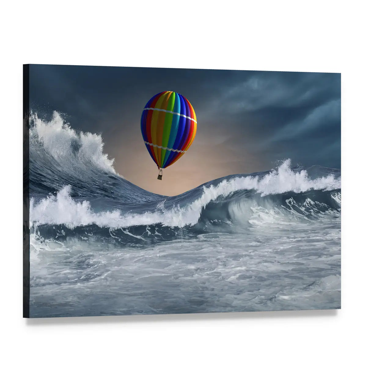Rainbow Hot Air Balloon Over Stormy Sea Canvas Wall Art, single panel gallery wrapped canvas, angled product view