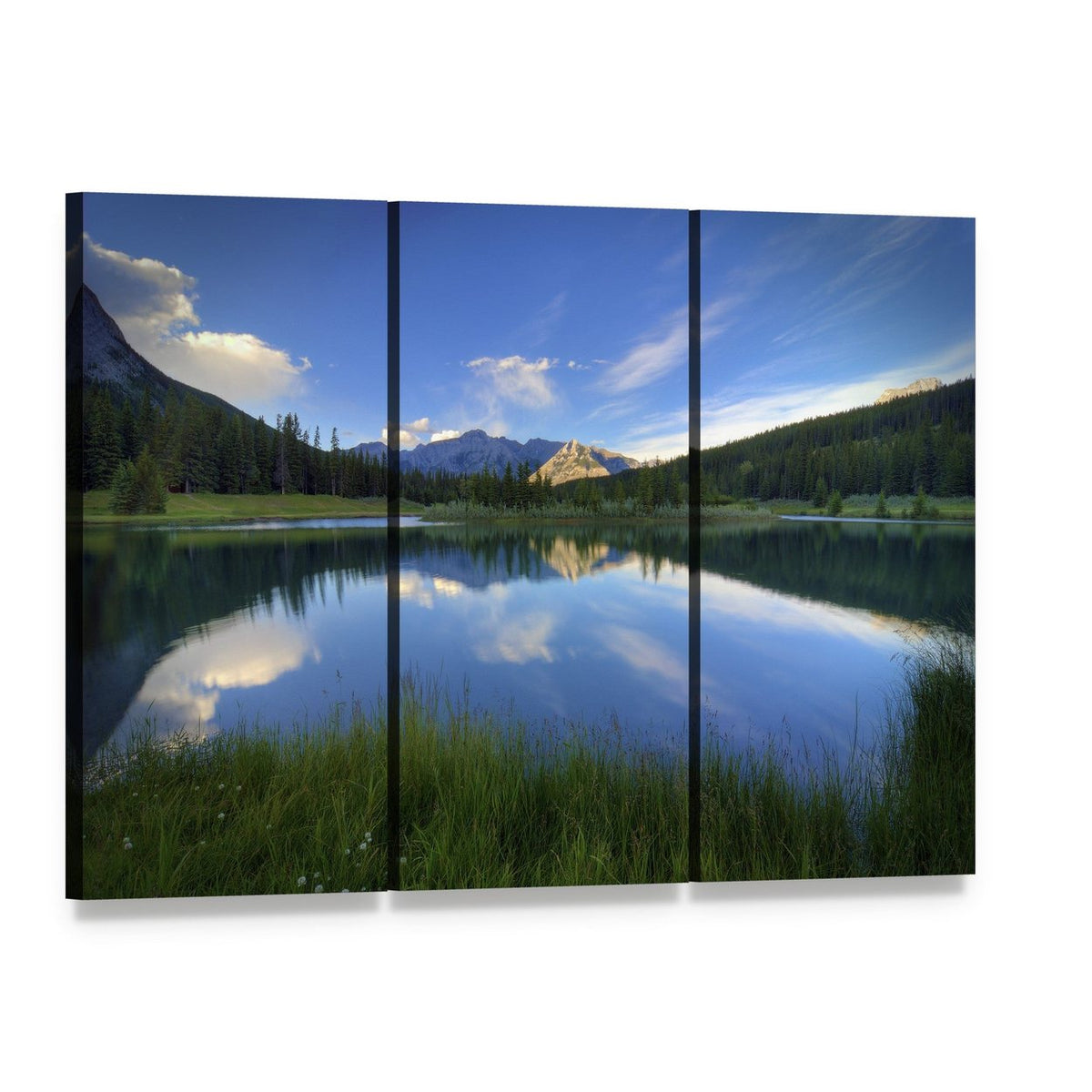 Cascade Ponds Mountain Reflection Canvas Wall Art, 3 panel 3 Horizontal layout gallery wrapped canvas set, angled product view