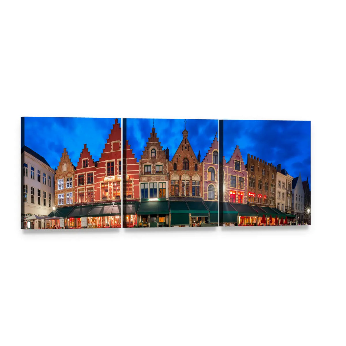 Medieval Fairytale Town at Twilight Panoramic Canvas Wall Art, 3 panel 3 Piece layout gallery wrapped canvas set, angled product view