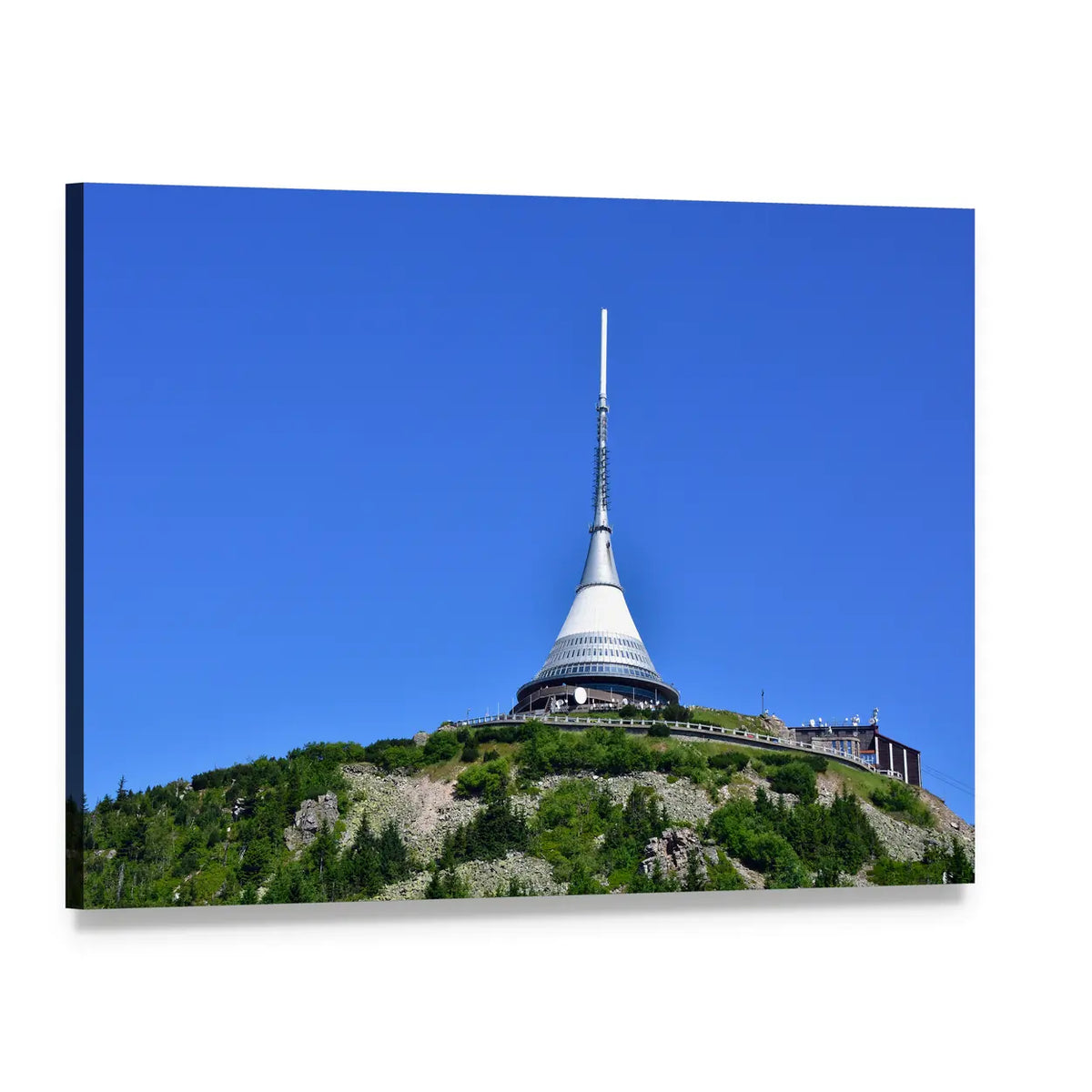 Liberec Tower Over Sunny Mountains Canvas Wall Art, single panel gallery wrapped canvas, angled product view