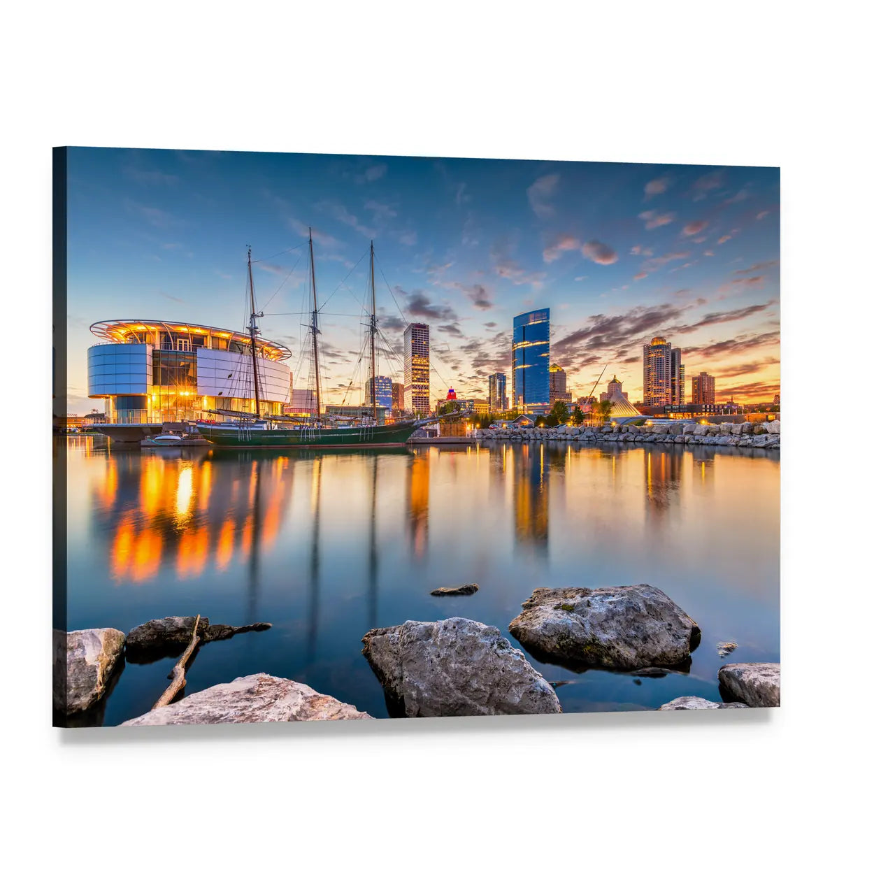 Milwaukee Skyline at Golden Hour Canvas Wall Art, single panel gallery wrapped canvas, angled product view