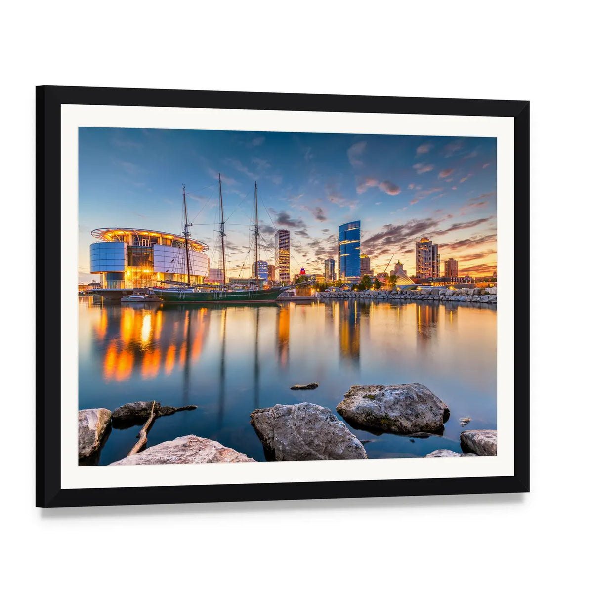 Milwaukee Harbor Skyline at Sunset Canvas Wall Art, framed print with white mat and black frame, angled product view