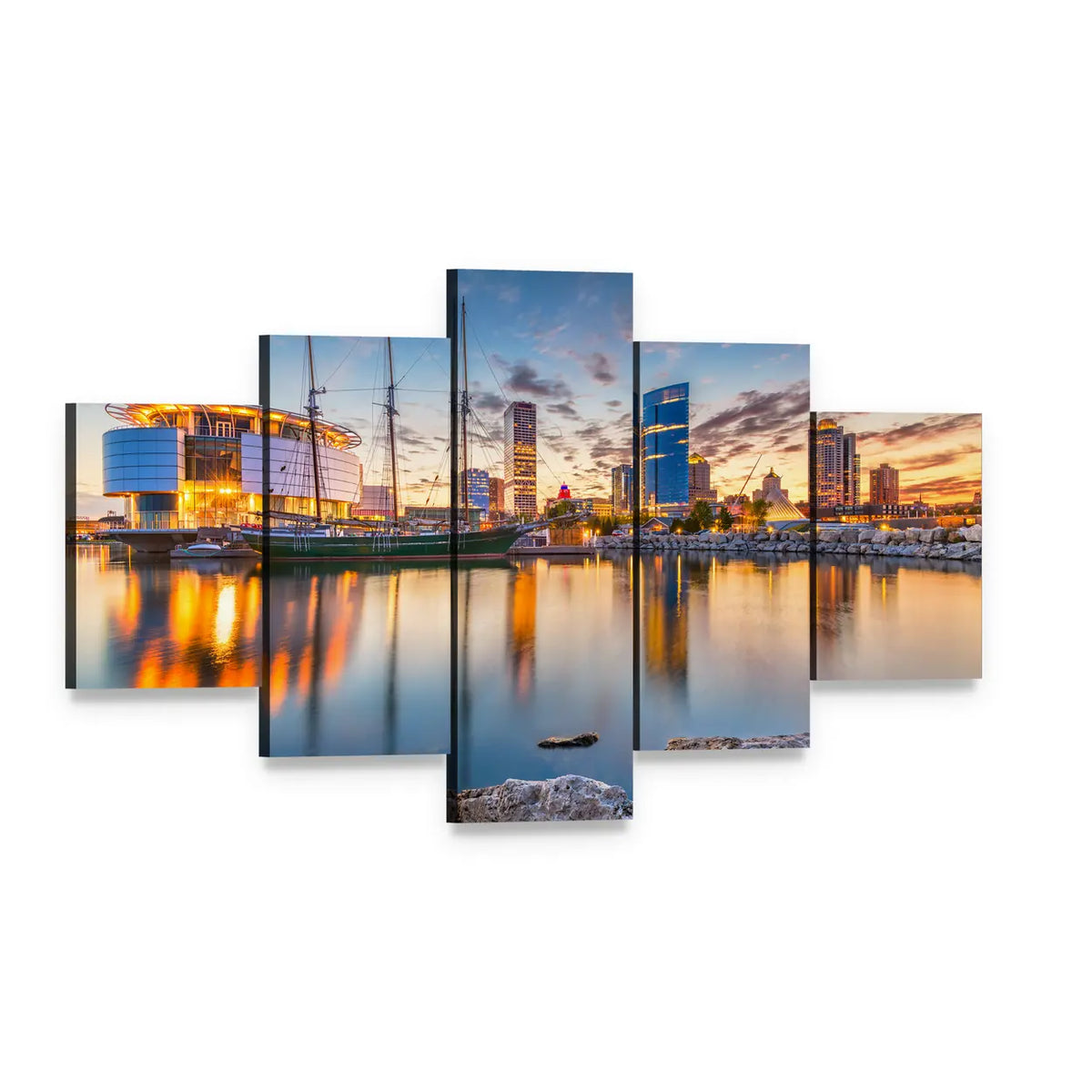 Milwaukee Harbor Skyline at Sunset Canvas Wall Art, 5 panel 5 Star layout gallery wrapped canvas set, angled product view