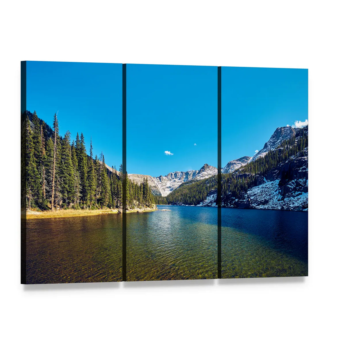 Sunlit Mountain Lake with Evergreens Canvas Wall Art, 3 panel 3 Horizontal layout gallery wrapped canvas set, angled product view