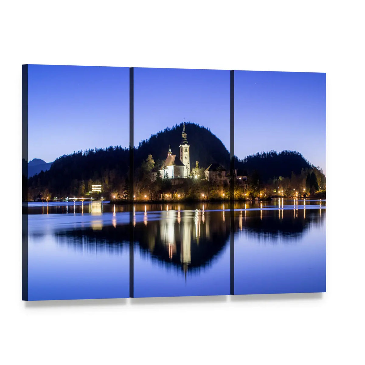 Lake Bled Church at Twilight Canvas Wall Art, 3 panel 3 Horizontal layout gallery wrapped canvas set, angled product view