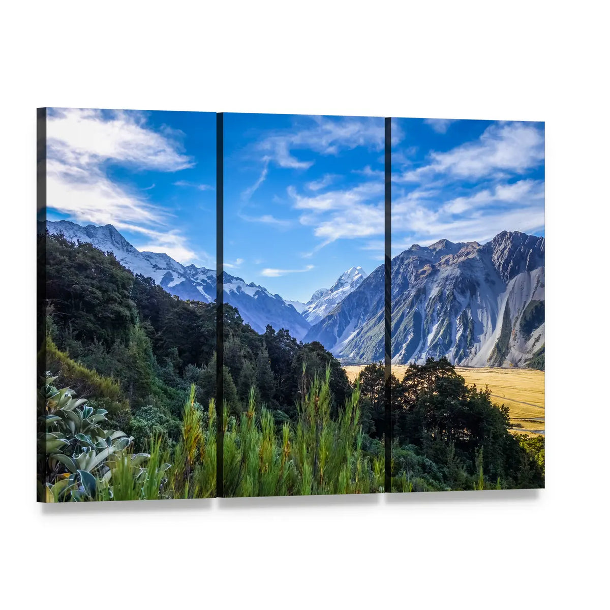 Aoraki Mount Cook Mountain Landscape Canvas Wall Art, 3 panel 3 Horizontal layout gallery wrapped canvas set, angled product view