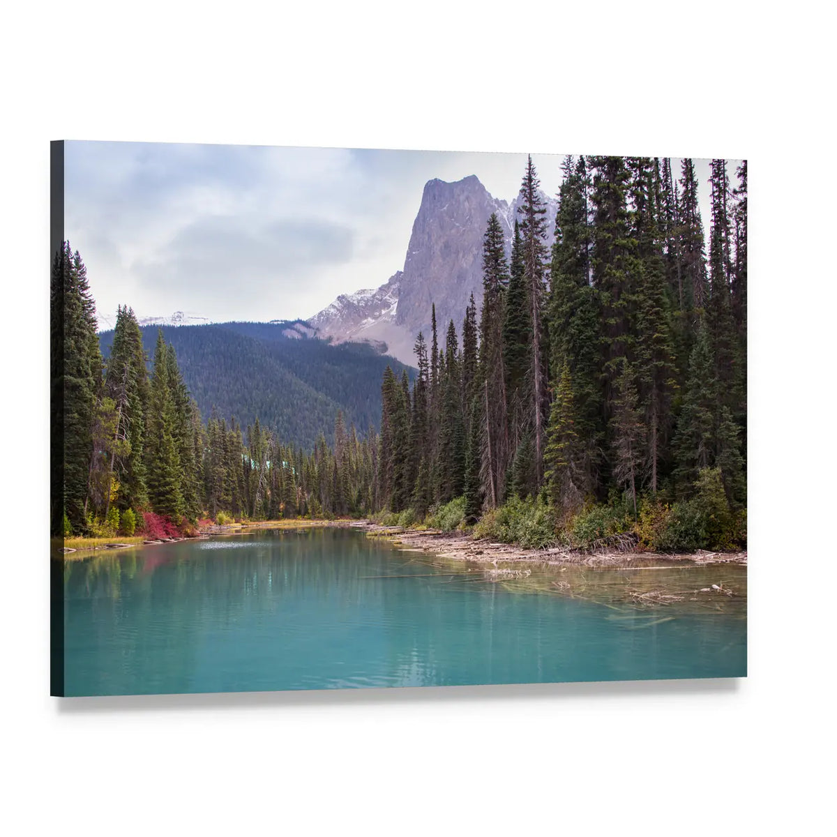 Emerald Lake with Trees Canvas Wall Art, single panel gallery wrapped canvas, angled product view