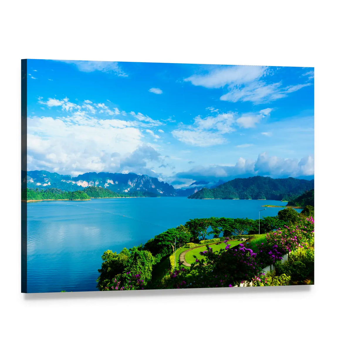Misty Mountains Over Lush Lake Canvas Wall Art, single panel gallery wrapped canvas, angled product view