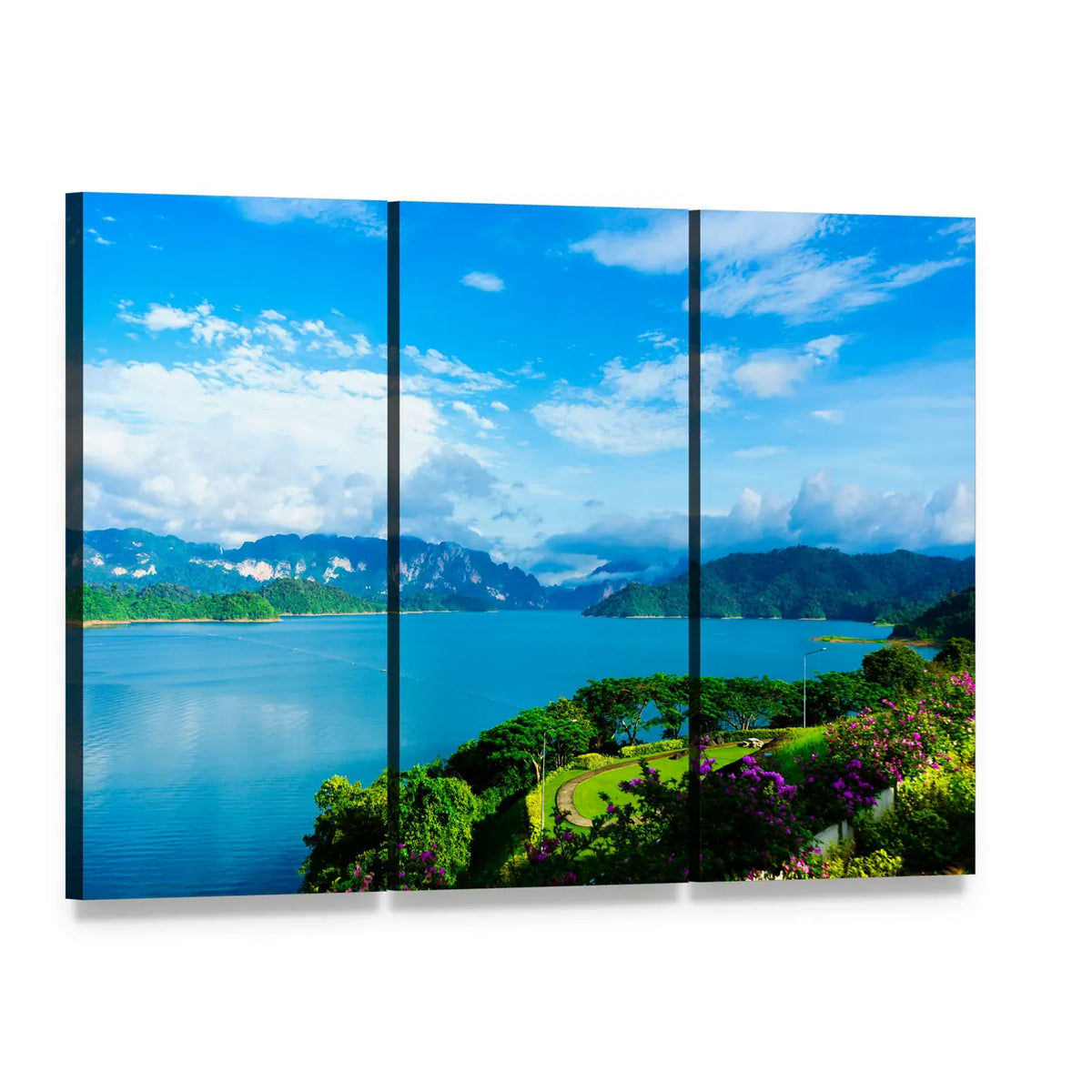 Misty Mountains Over Lush Lake Canvas Wall Art, 3 panel 3 Horizontal layout gallery wrapped canvas set, angled product view