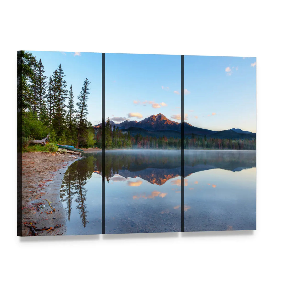 Sunrise Over Pyramid Mountain and Edith Lake Canvas Wall Art, 3 panel 3 Horizontal layout gallery wrapped canvas set, angled product view