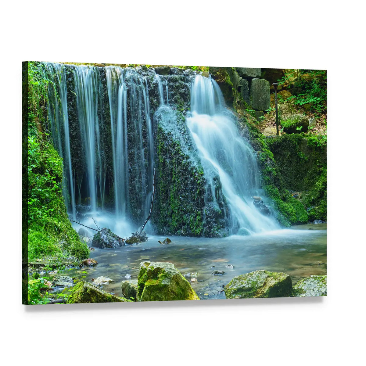 Forest Waterfall with Mossy Rocks Canvas Wall Art, single panel gallery wrapped canvas, angled product view